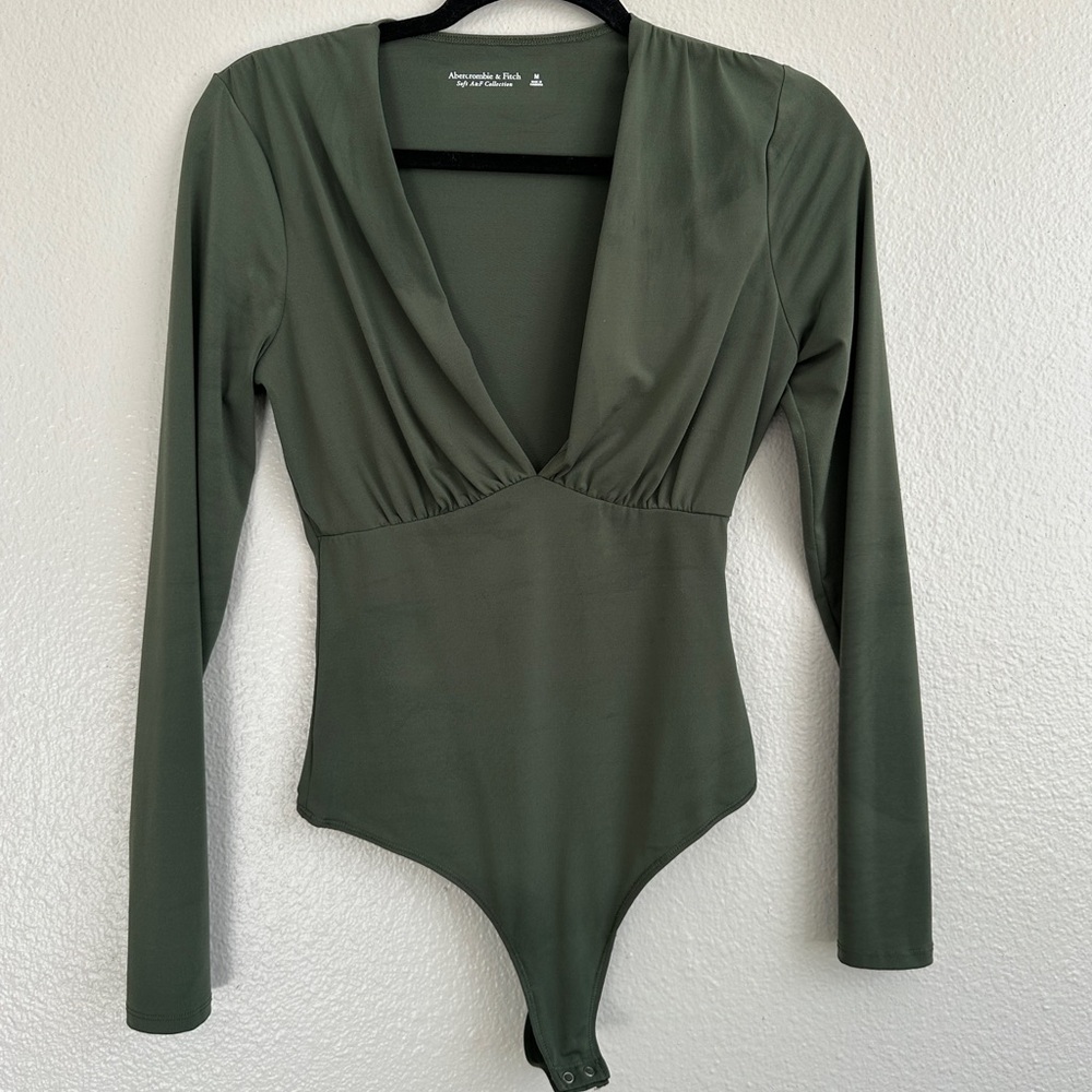 Abercrombie & Fitch Olive Green Deep V Neck Bodysuit Medium